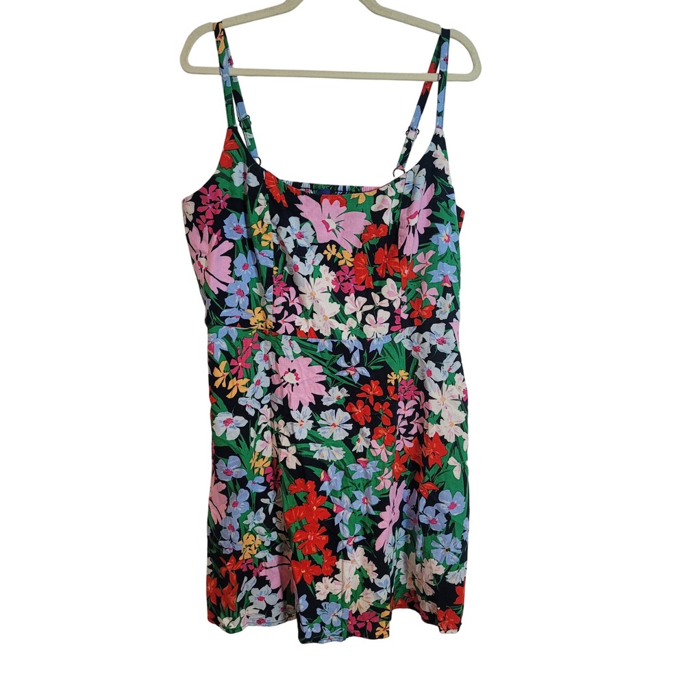 Old Navy Floral Linen Blend Mini Dress XL Black Multi‎ Color Cami Strap Pockets